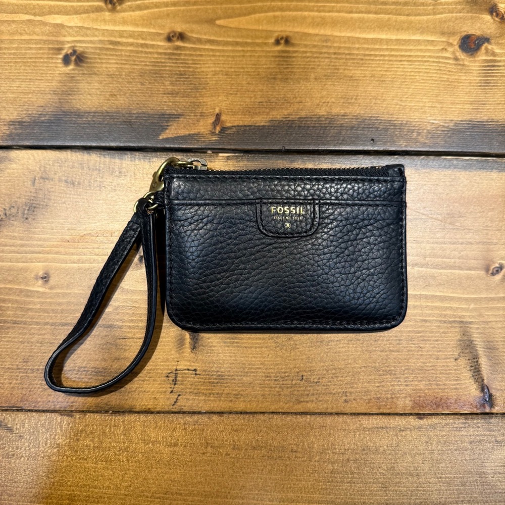 Fossil Black Leather Wristlet Coin Purse Card Holder Zip Pouch Wallet Keychain